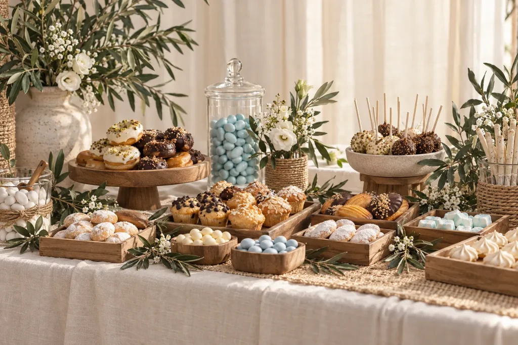 Mesa de dulces con flores