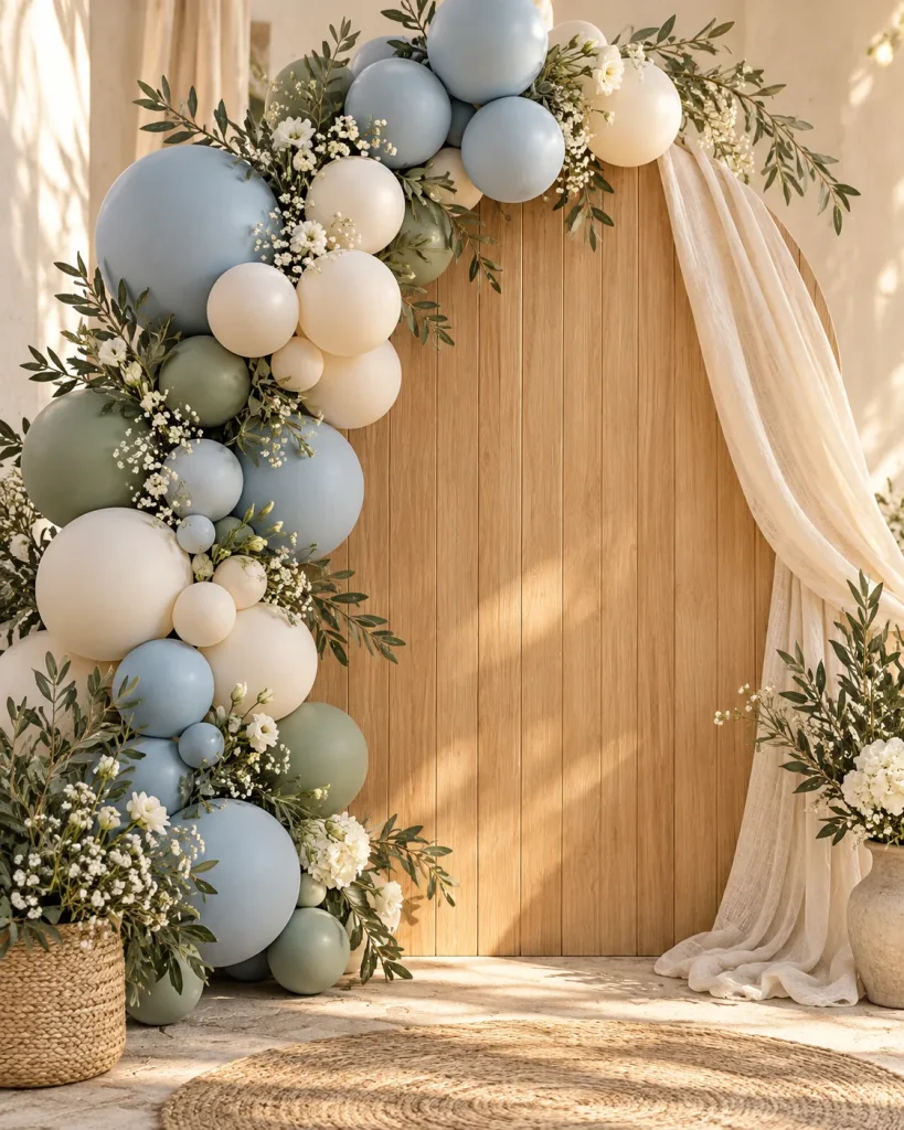 Rincón decorado con globos suaves, flores y madera