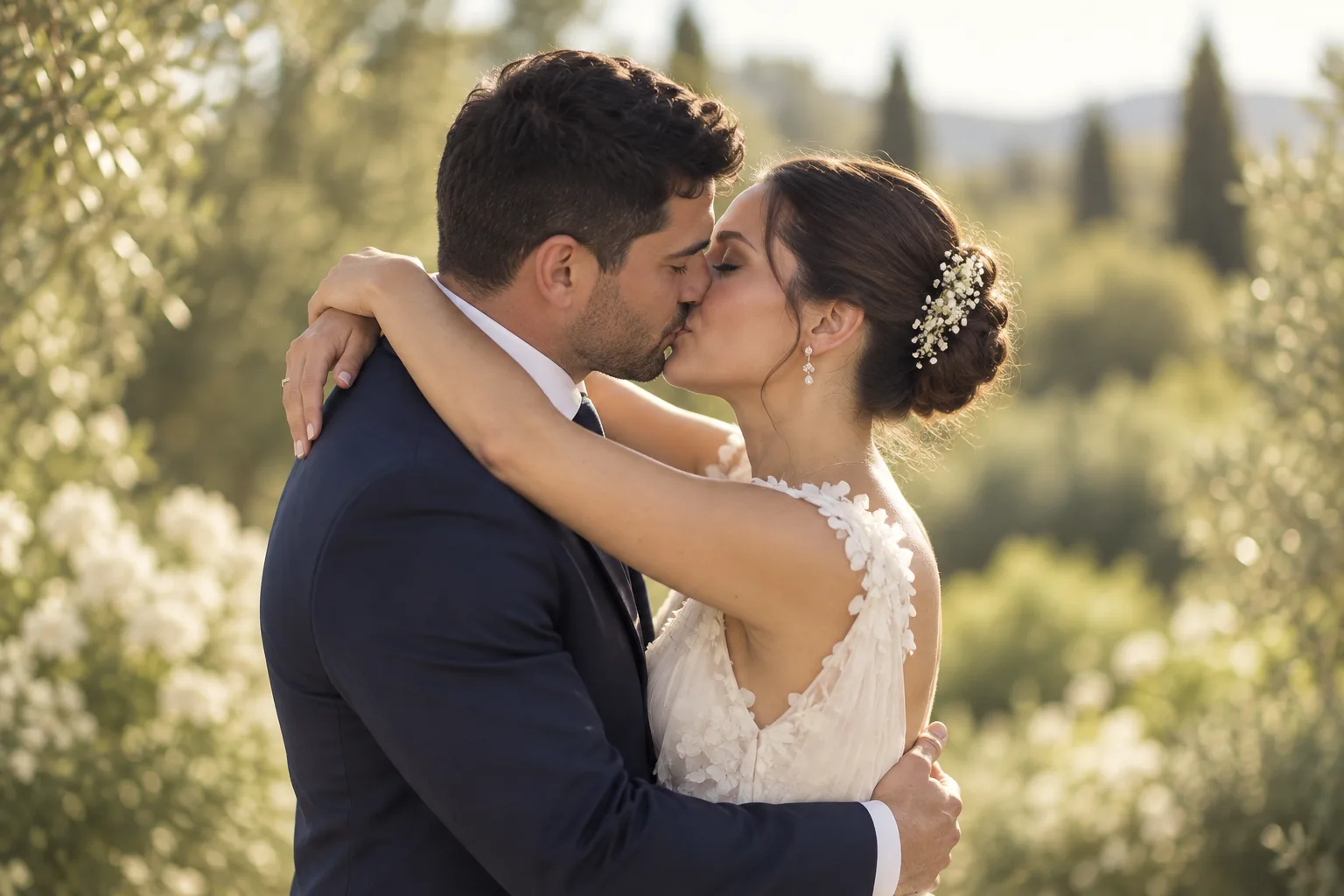 Una pareja de novios comparte un beso al aire libre