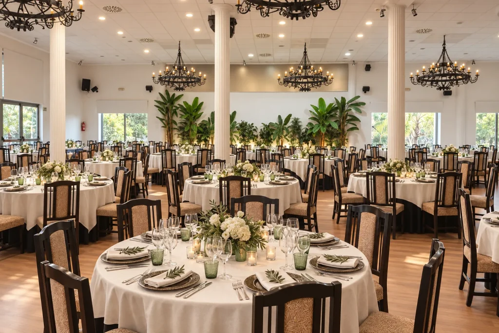 Salón preparado para una celebración con mesas redondas, flores y luz cálida