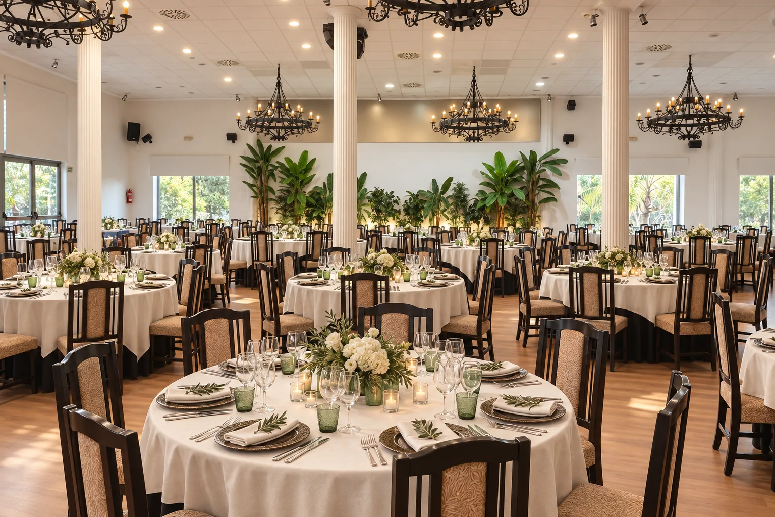Salón preparado para una celebración con mesas redondas, flores y luz cálida