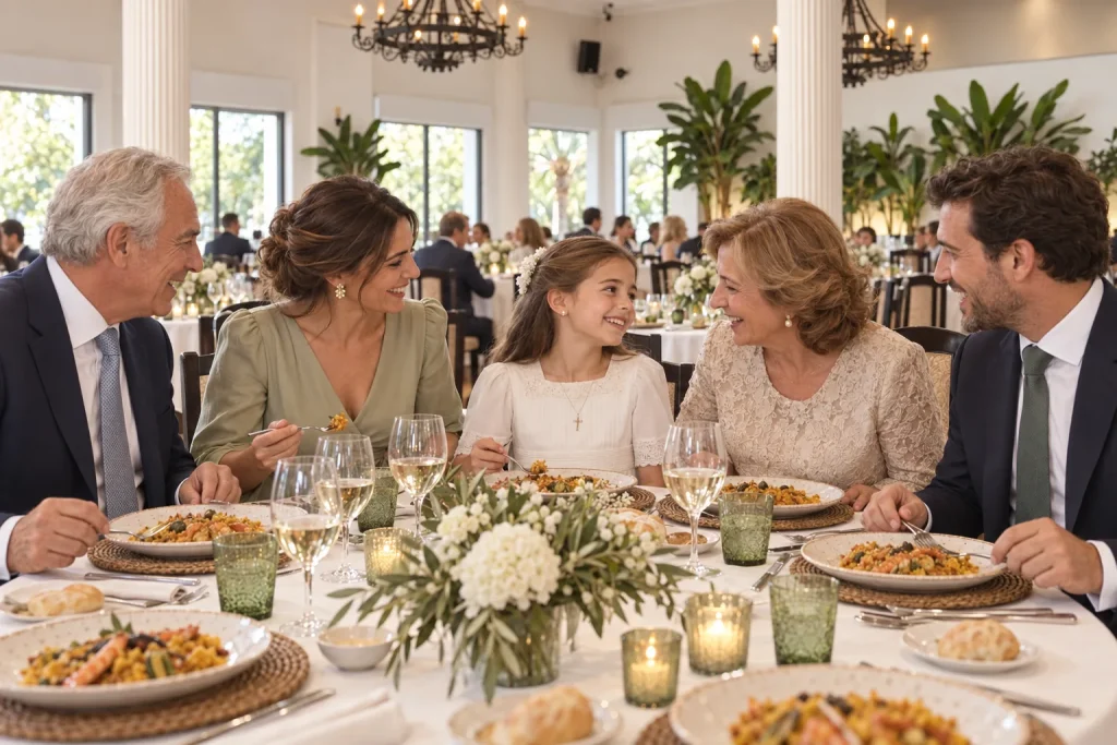 Una familia comparte la comida de comunión